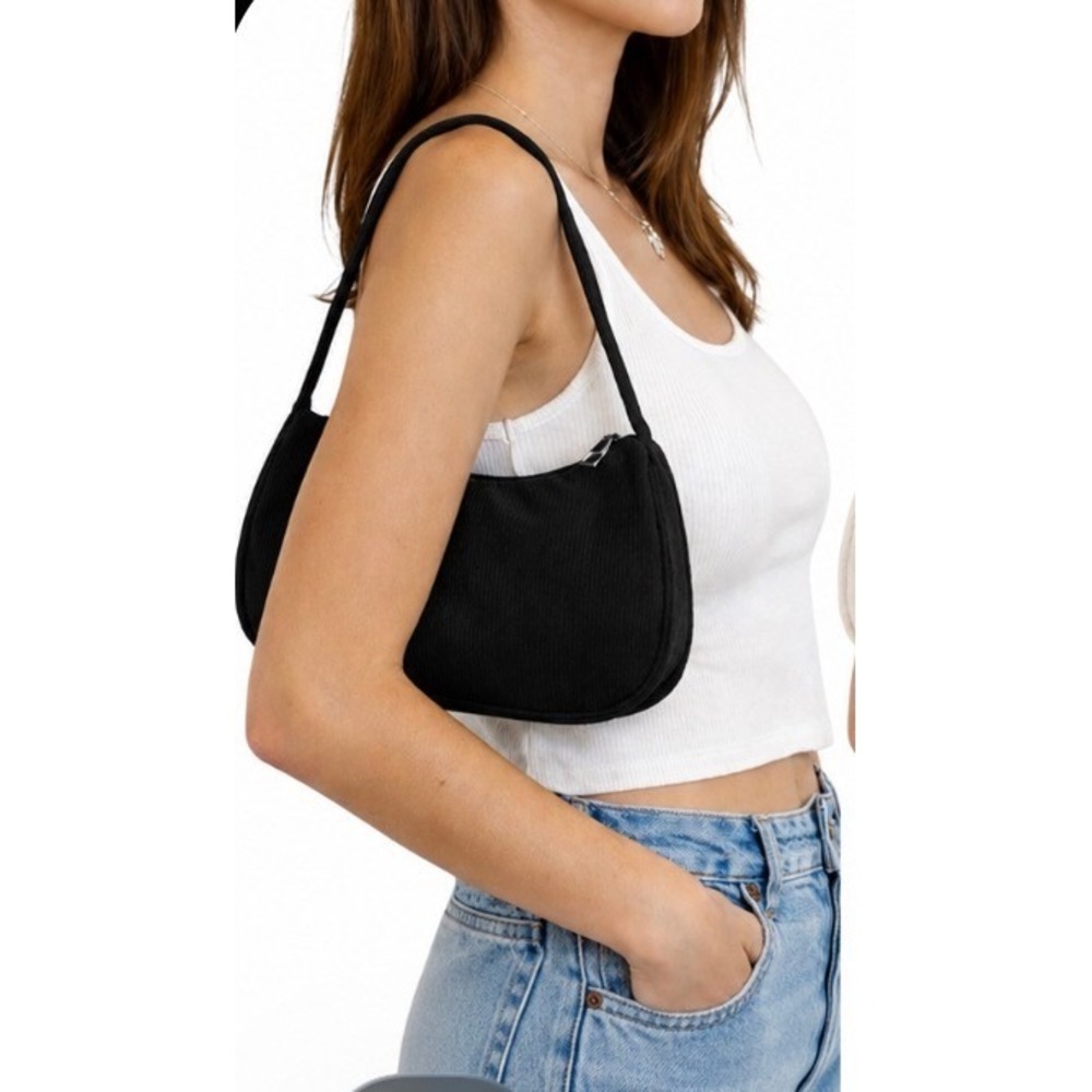 Corduroy Baguette Shoulder Bag Black Retro Zip Purse Y2K Indie Minimalist Boho‎